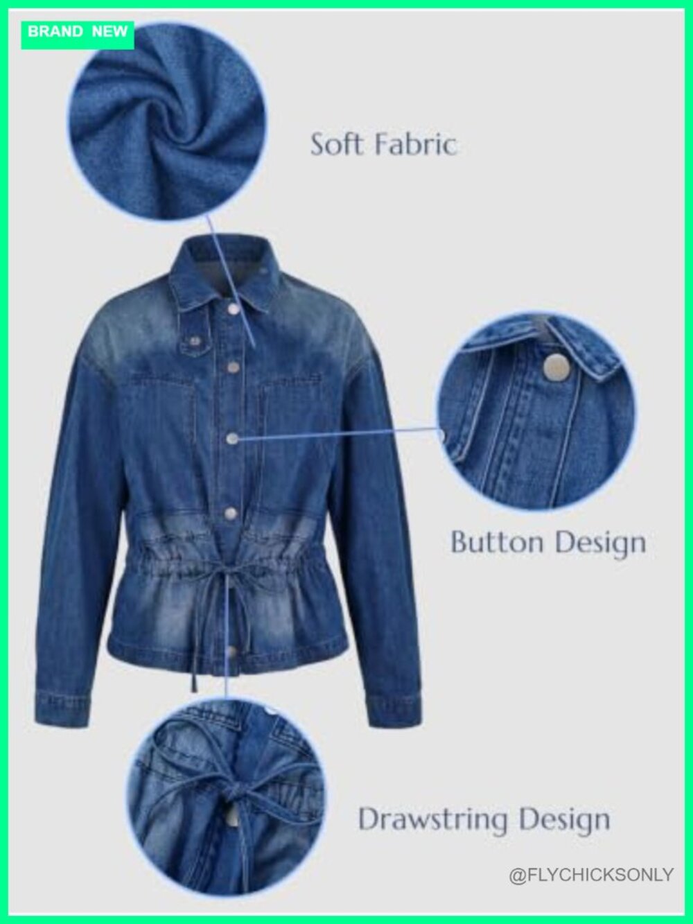 Women's Drawstring Denim Jacket Button Down Collared Shacket Relaxed Fit - Picture 5 of 6